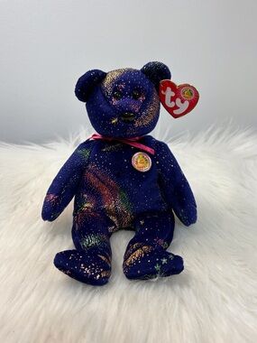 Ty Comet Galaxy Sparkle Navy Beanie Baby Bear with Multicolor Accents